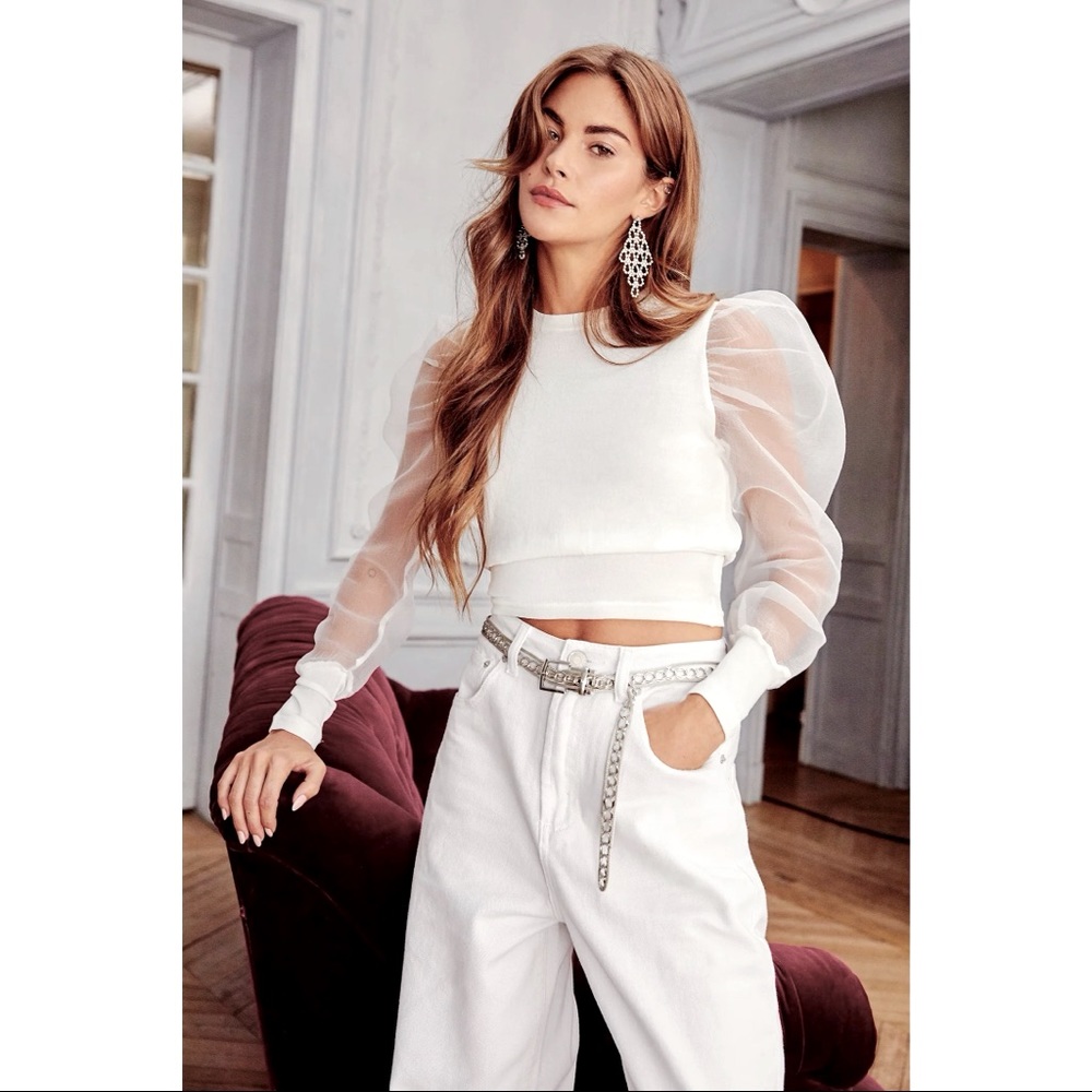 Sheer Organza Puff Sleeve Cropped Sweater